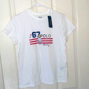 Polo Ralph Lauren Women's White Polo 67 Flag Bear Graphic Short Sleeve T-Shirt